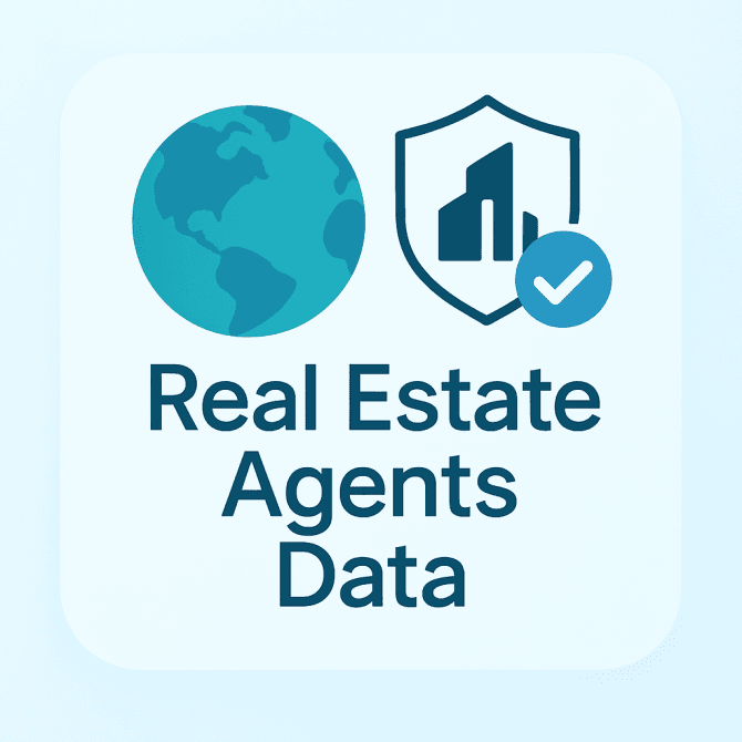 Rounded-edge illustration of a world globe combined with a real estate building and verification icon, representing a global list of real estate agents in a clean CompanyData.com style.