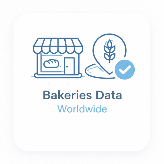 Minimal illustration showing bakery icons with a world map and trust checkmark, representing a verified overview of bakeries worldwide based on official sources.