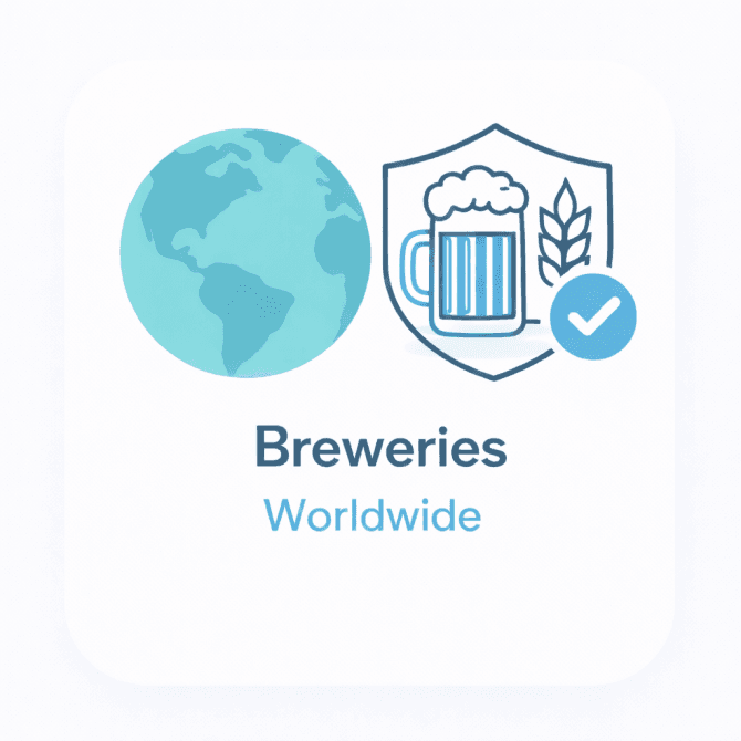 Minimal illustration showing a world globe and a brewery icon with a trust checkmark, representing a verified overview of breweries worldwide.