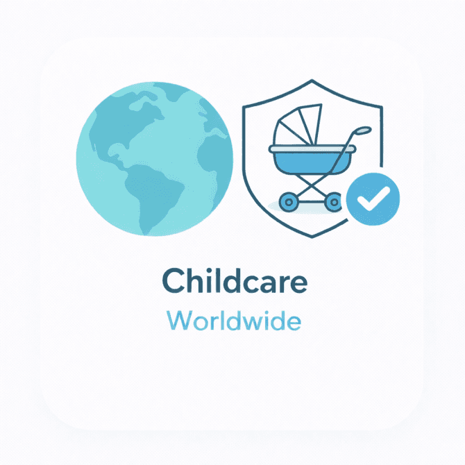 Minimal illustration showing a world globe and a childcare stroller icon with a trust checkmark, representing a verified overview of childcare services worldwide.