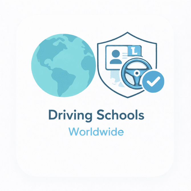 Minimal illustration showing a world globe and a driving school icon with a trust checkmark, representing a verified overview of driving schools worldwide.