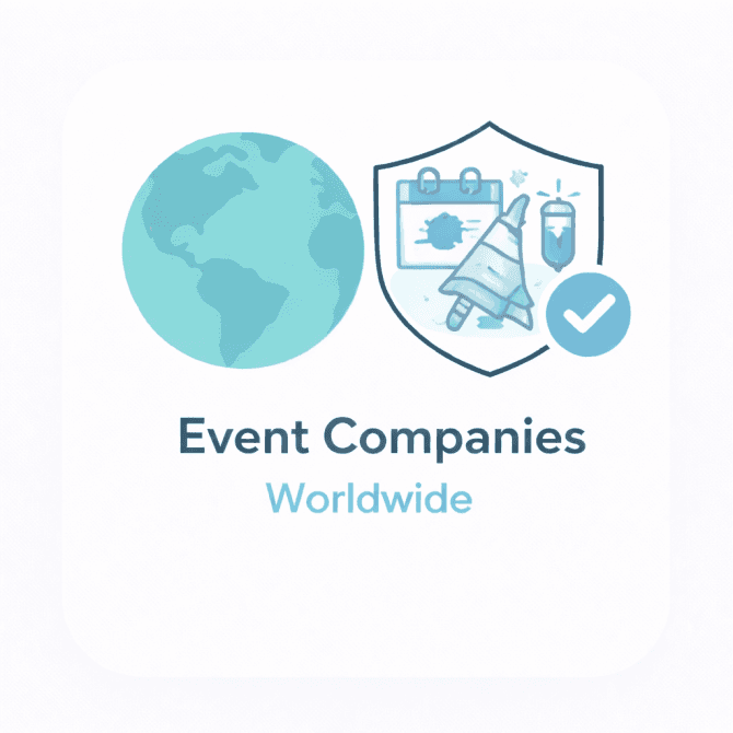 Minimal illustration showing a world globe and an event company icon with a trust checkmark, representing a verified overview of event companies worldwide.