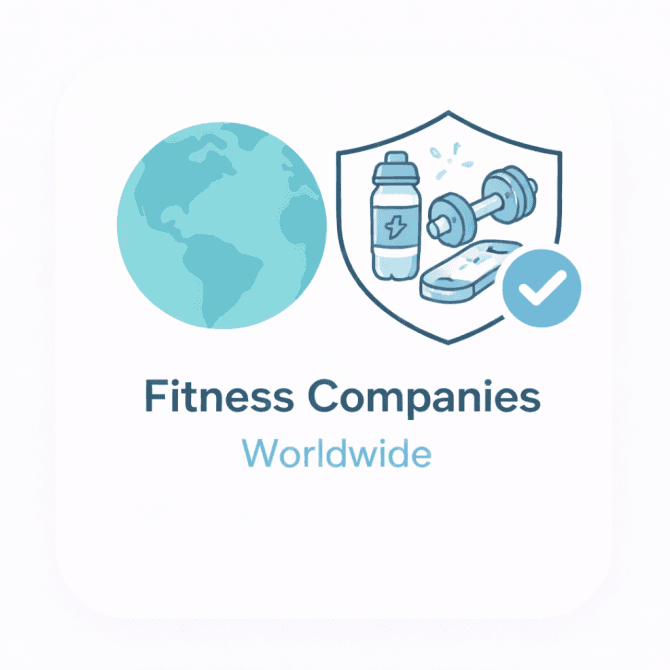 Minimal illustration showing a world globe and a fitness icon with a trust checkmark, representing a verified overview of fitness companies worldwide.