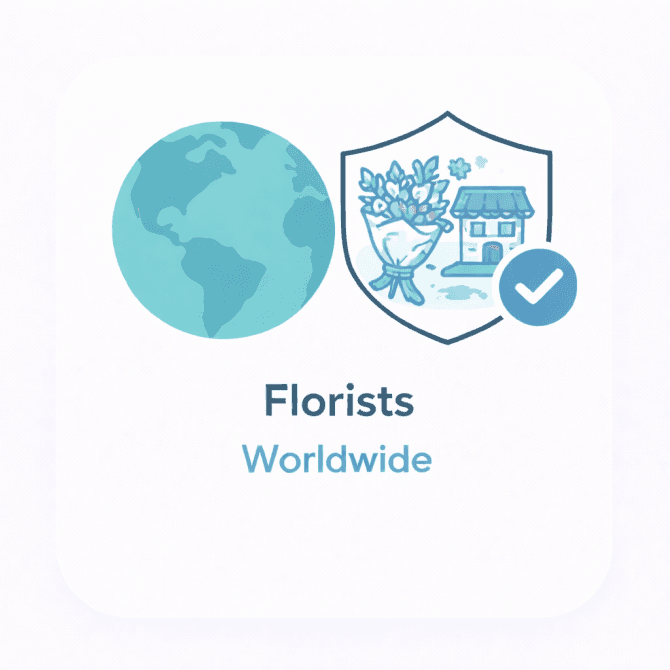 Minimal illustration showing a world globe and a simple flower icon with a trust checkmark, representing a verified overview of florists worldwide.