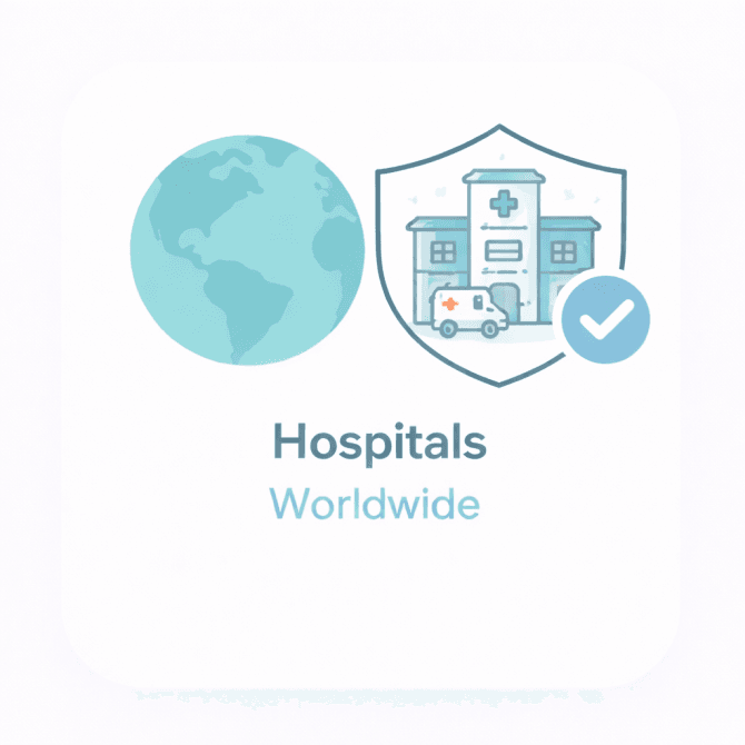 Minimal illustration showing a world globe and a hospital building icon with a trust checkmark, representing a verified overview of hospitals worldwide.