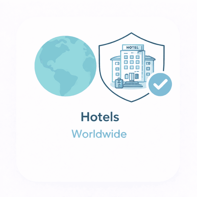Minimal illustration showing a world globe and a hotel building icon with a trust checkmark, representing a verified overview of hotels worldwide.