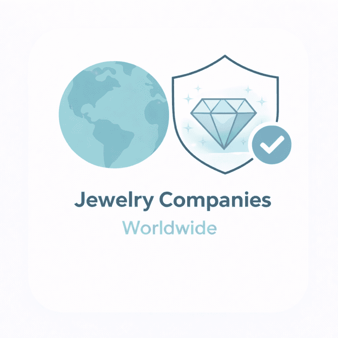 Minimal illustration showing a world globe and a diamond icon inside a trust shield with a checkmark, representing a verified overview of jewelry companies worldwide.