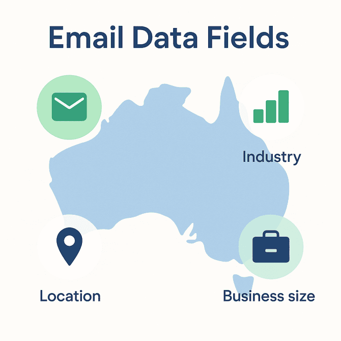 Flat digital illustration in CompanyData.com blue and green brand colors showing a map of Australia with email icons symbolizing company data fields such as contact info, industry, location, size, and hierarchy.