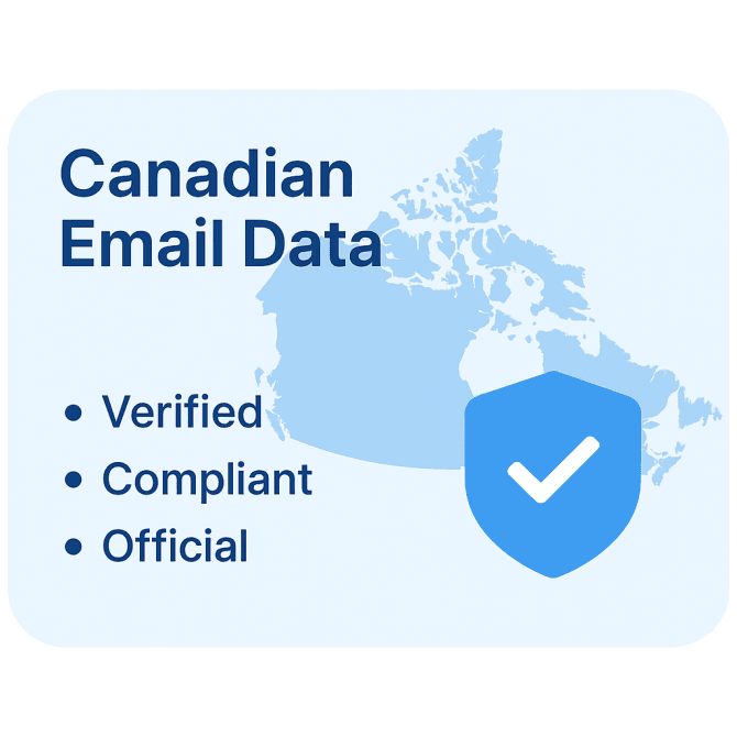 Flat digital illustration in CompanyData.com blue brand style showing a clean map of Canada with a compliance shield and three short keywords — Verified, Compliant, Official — representing trusted business email data sources.