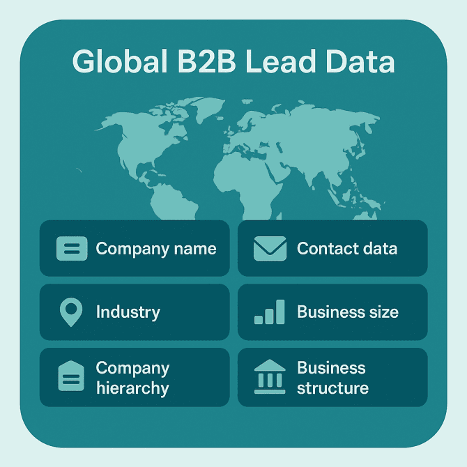 Clean global email data visualization with a world map and icons for company name, contact data, industry, business size, company hierarchy, and business structure