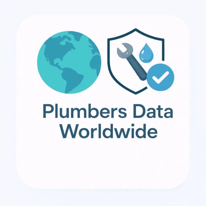 Rounded-edge illustration of a globe and verified plumbing icon with wrench and water drop, representing a worldwide B2B plumbers email list for marketing and outreach.