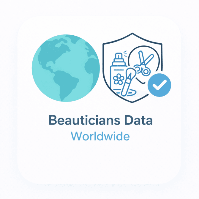 Minimal illustration showing beauty salon and cosmetic icons with a world map and trust checkmark, representing a verified overview of beauticians worldwide.