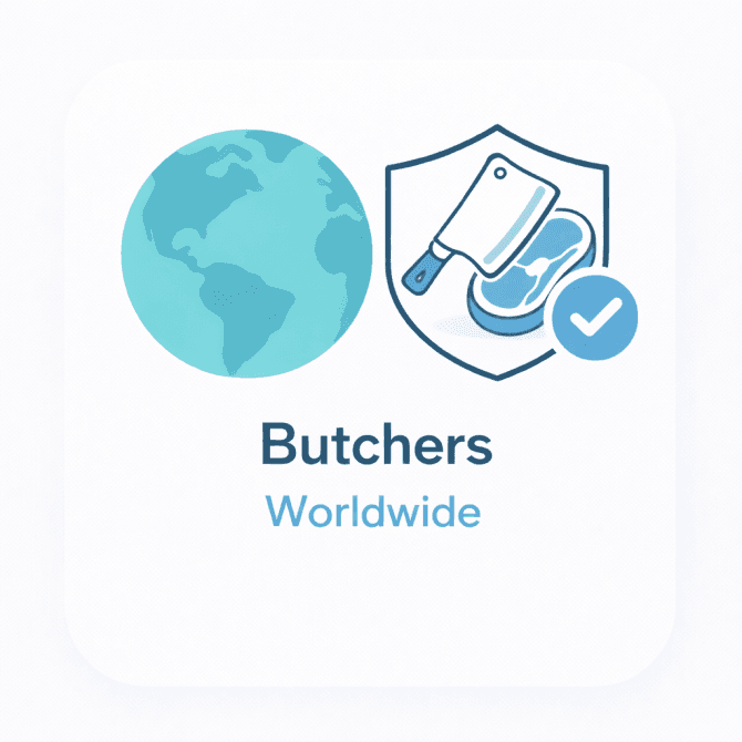 Minimal illustration showing a world map and a butcher knife and meat icon with a trust checkmark, representing a verified overview of butchers worldwide.
