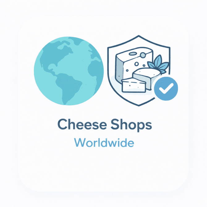 Minimal illustration showing a world globe and a cheese shop icon with a trust checkmark, representing a verified overview of cheese shops worldwide.