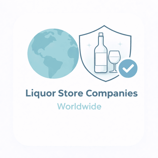 Minimal illustration showing a world globe and a monochrome bottle and glass icon inside a trust shield with a checkmark, representing a verified overview of liquor store companies worldwide.