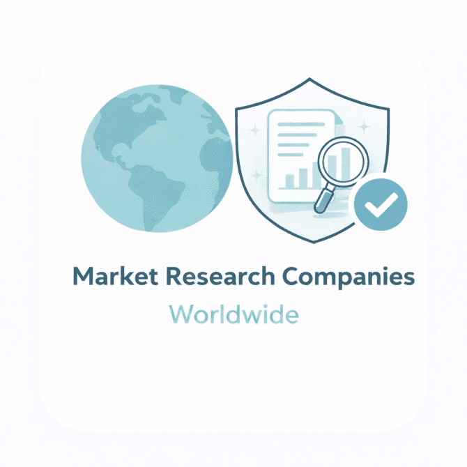 Minimal illustration showing a world globe and a market research document with magnifying glass icon inside a trust shield with a checkmark, representing a verified overview of market research companies worldwide.