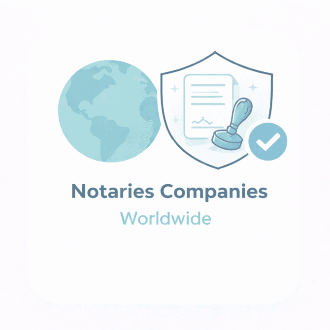 Minimal illustration showing a world globe and a notary document and seal icon inside a trust shield with a checkmark, representing a verified overview of notaries companies worldwide.