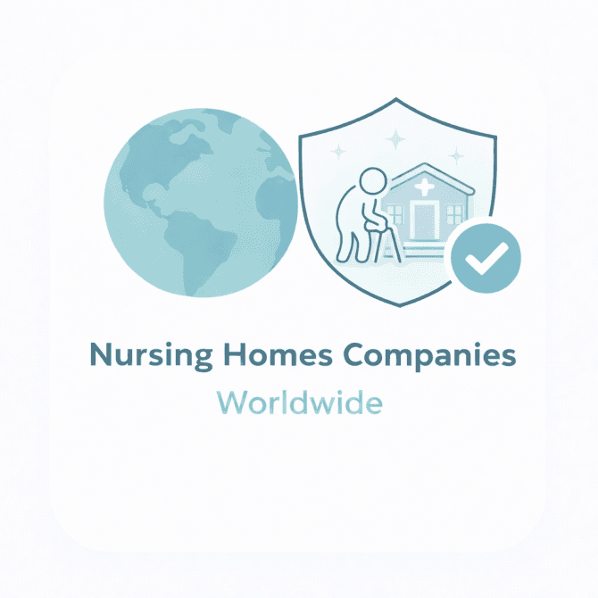 Minimal illustration showing a world globe and a nursing home building icon with a trust checkmark, representing a verified overview of nursing homes companies worldwide.