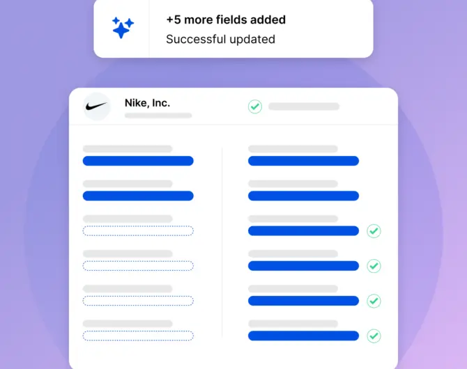 A company record with empty fields on the left and the same fields filled and verified on the right