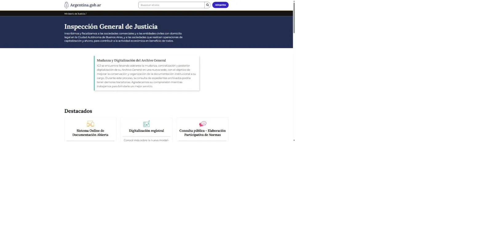 Inspección General de Justicia home page on argentina.gob.ar, the Buenos Aires City company register, showing the archive relocation notice and highlighted services but no company search field