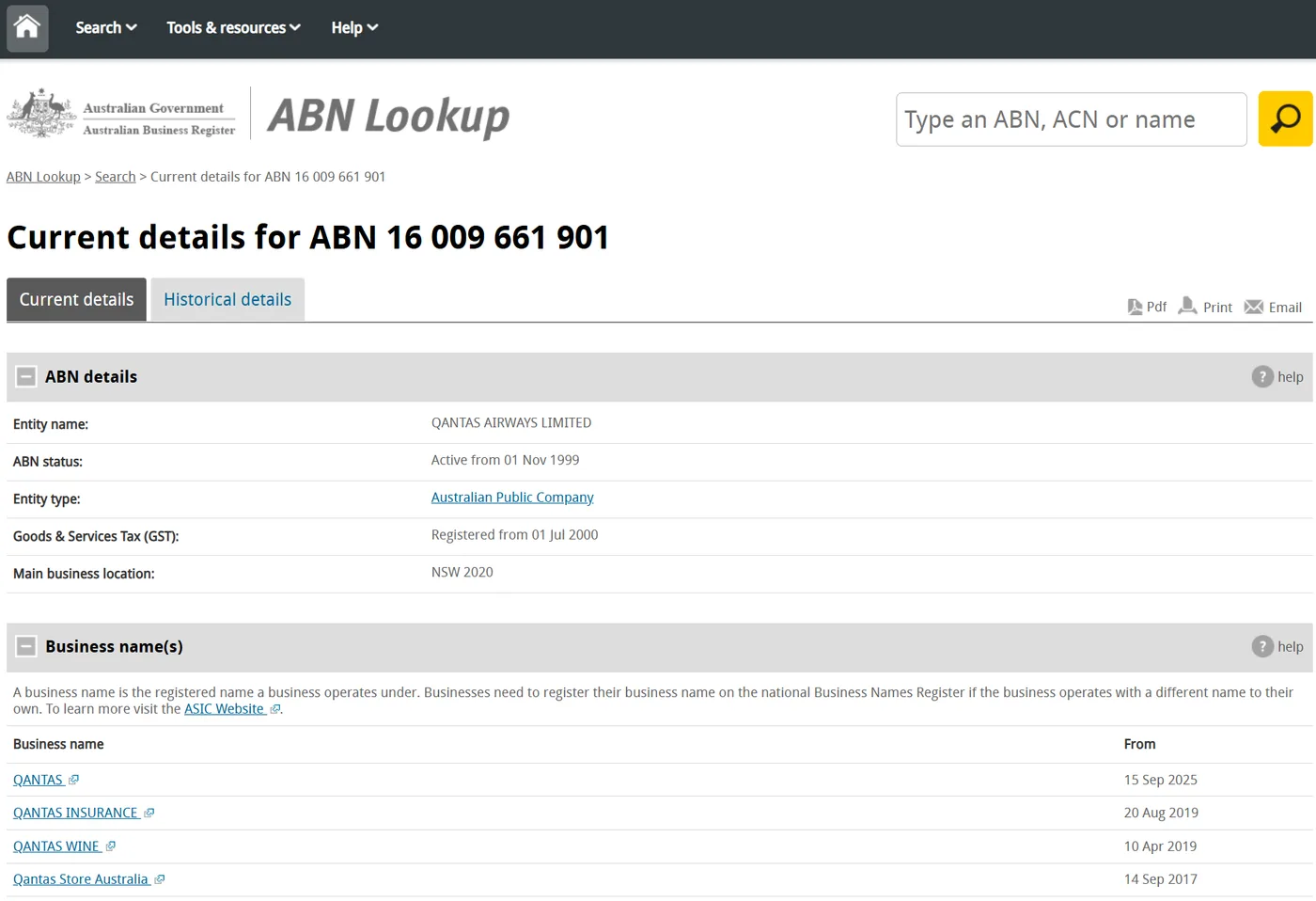 ABN Lookup record for an Australian public company showing ABN status, entity type, GST registration and business names