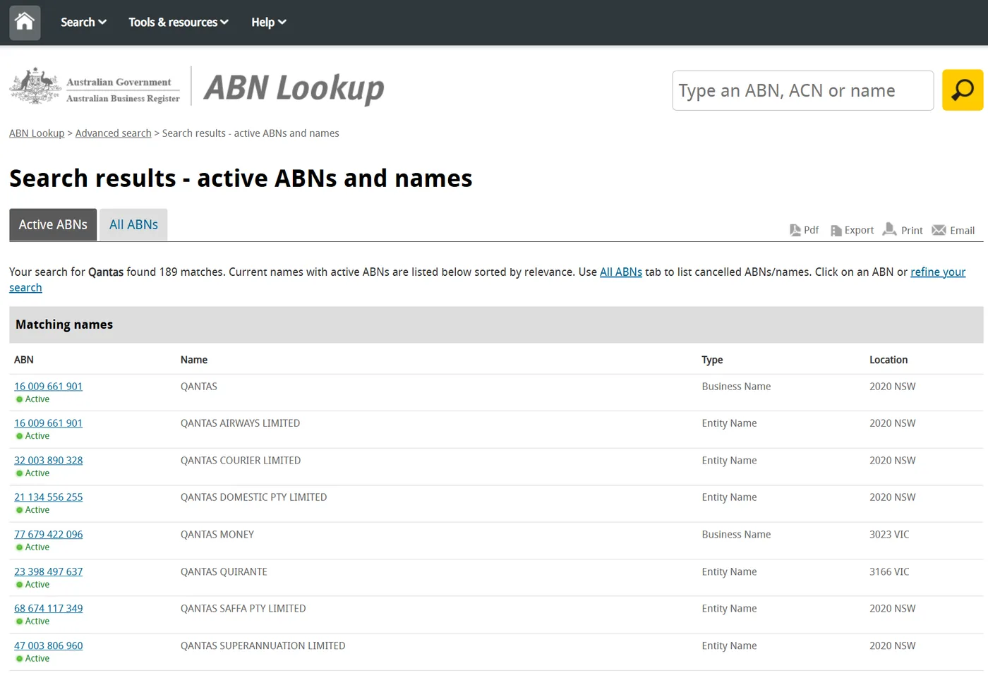 ABN Lookup search results on the Australian Business Register showing active ABNs for Qantas entities