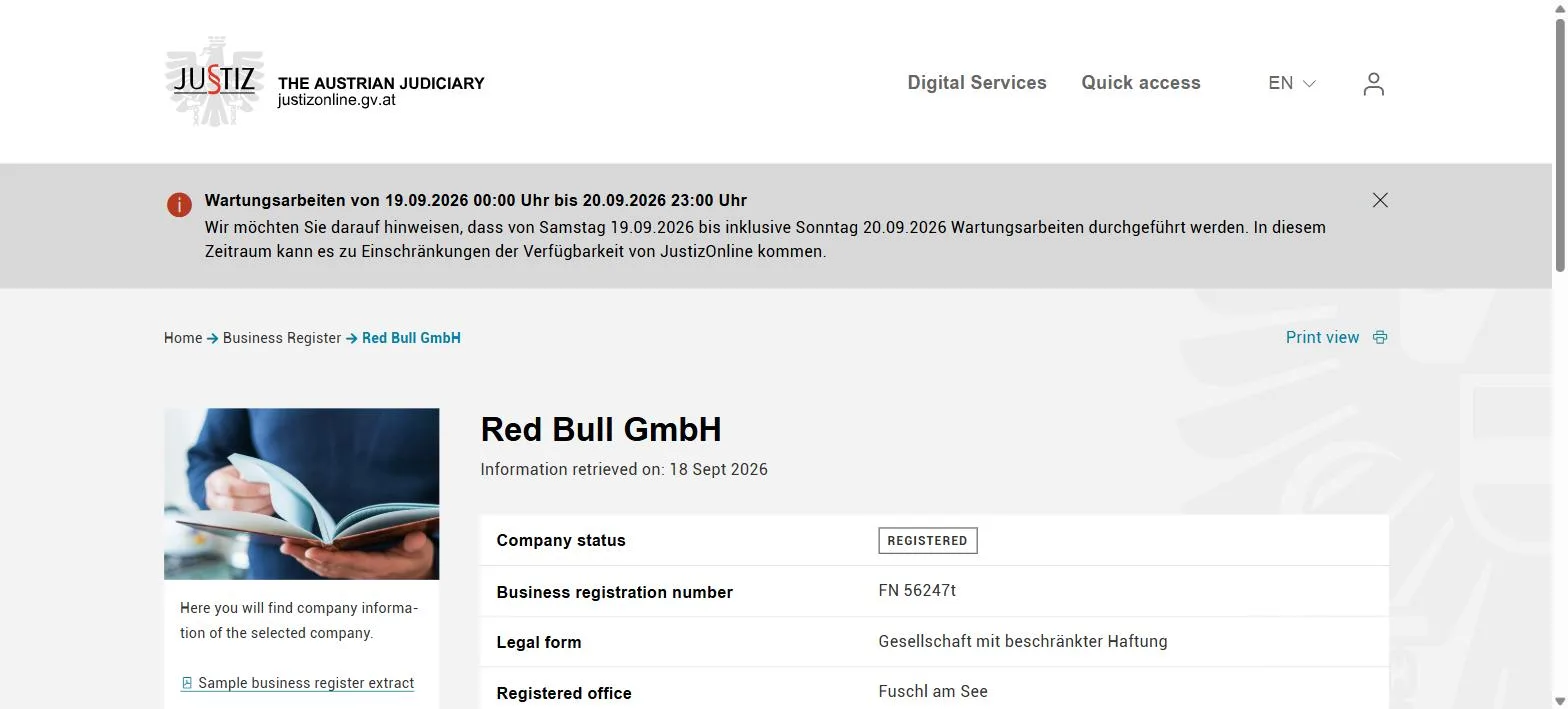 JustizOnline company record for Red Bull GmbH showing status REGISTERED, business registration number FN 56247t, legal form Gesellschaft mit beschränkter Haftung, and registered office Fuschl am See