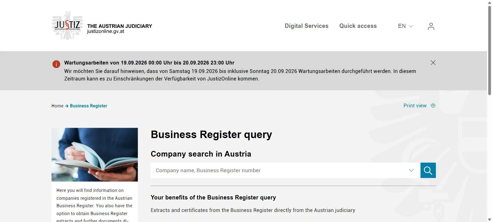 JustizOnline Business Register query page, the Austrian Firmenbuch search, with a single field accepting a company name or Business Register number