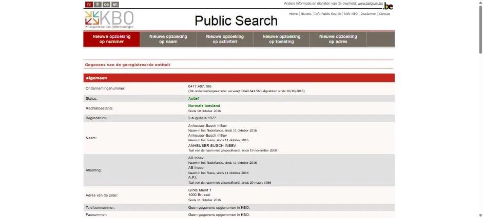 CBE Public Search company record for Anheuser-Busch InBev, enterprise number 0417.497.106, showing active status, registered seat in Brussels, and empty phone and fax fields
