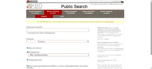 CBE Public Search on kbopub.economie.fgov.be, the Belgian company register, showing the search-by-name form with keyword, postcode, and legal form filters