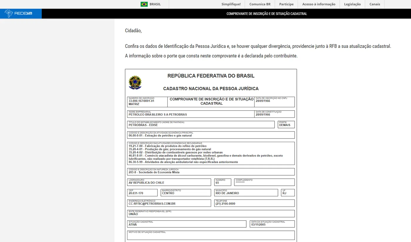 CNPJ Comprovante de Inscrição e de Situação Cadastral for PETROLEO BRASILEIRO S A PETROBRAS, CNPJ 33.000.167/0001-01, showing MATRIZ, legal nature 203-8 Sociedade de Economia Mista, an address in Rio de Janeiro, and status ATIVA