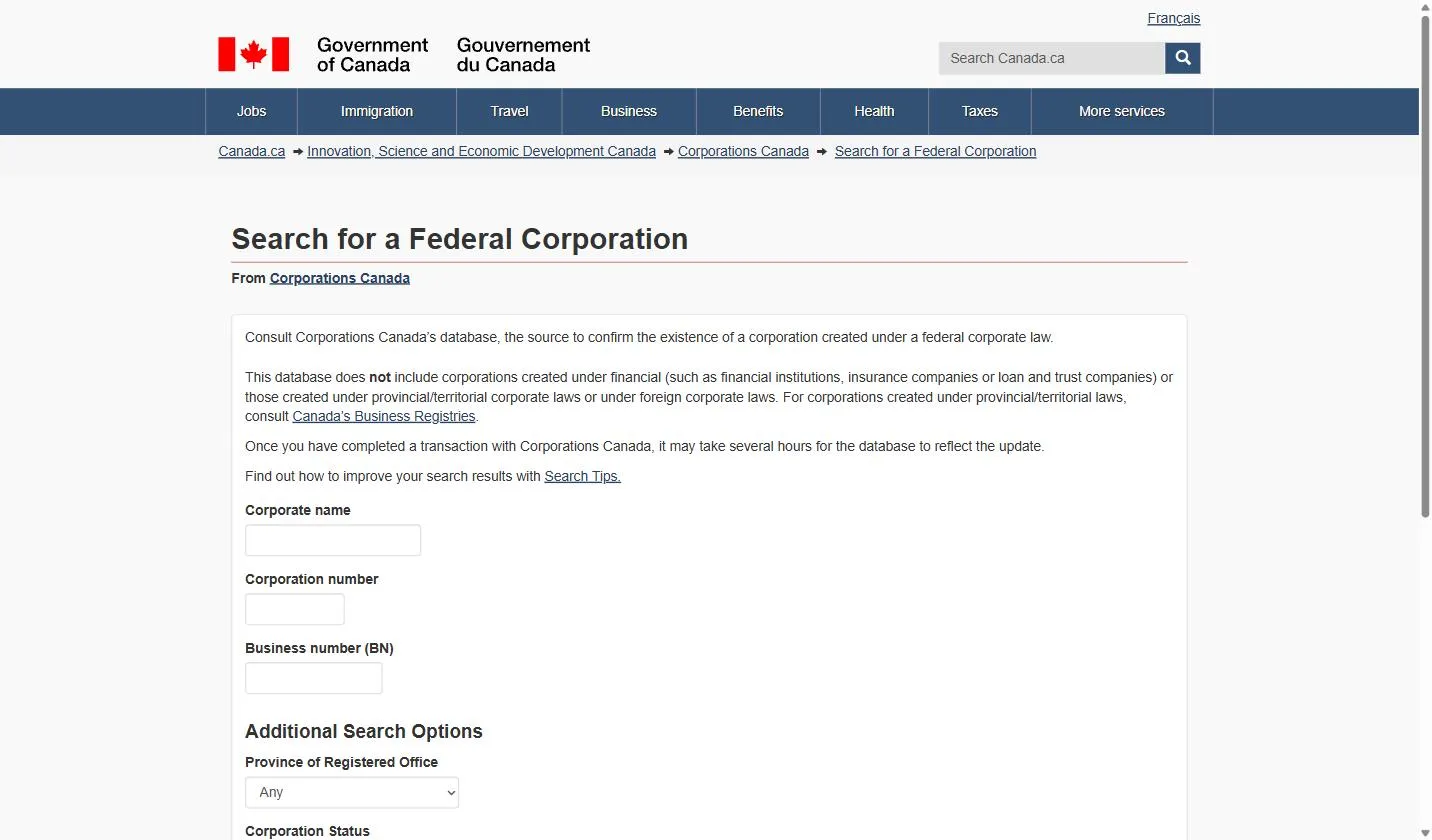 Search for a Federal Corporation on ised-isde.canada.ca, the Corporations Canada register search, with corporate name, corporation number and business number fields and a Province of Registered Office filter