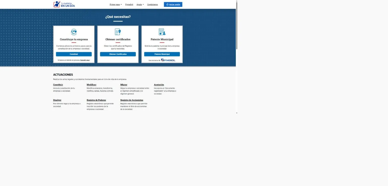 Tu Empresa en un Día homepage of the Registro de Empresas y Sociedades, the Chilean company register, showing the ¿Qué necesitas? panel with the Constituye tu empresa, Obtener certificados, and Patente Municipal cards and the list of actuaciones