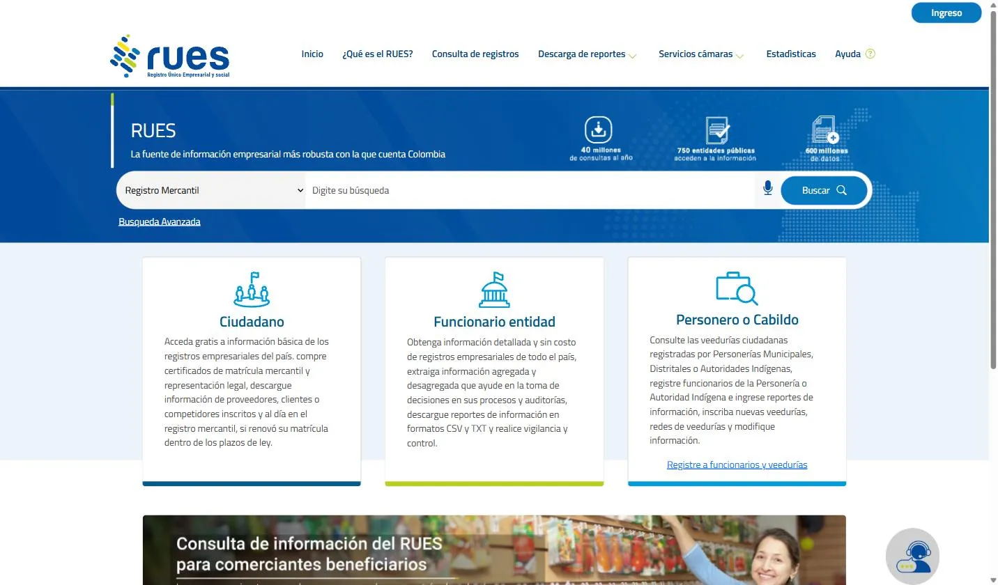 RUES homepage on rues.org.co, the Colombian Registro Único Empresarial y Social, with the register dropdown set to Registro Mercantil, the search field, and the Busqueda Avanzada link