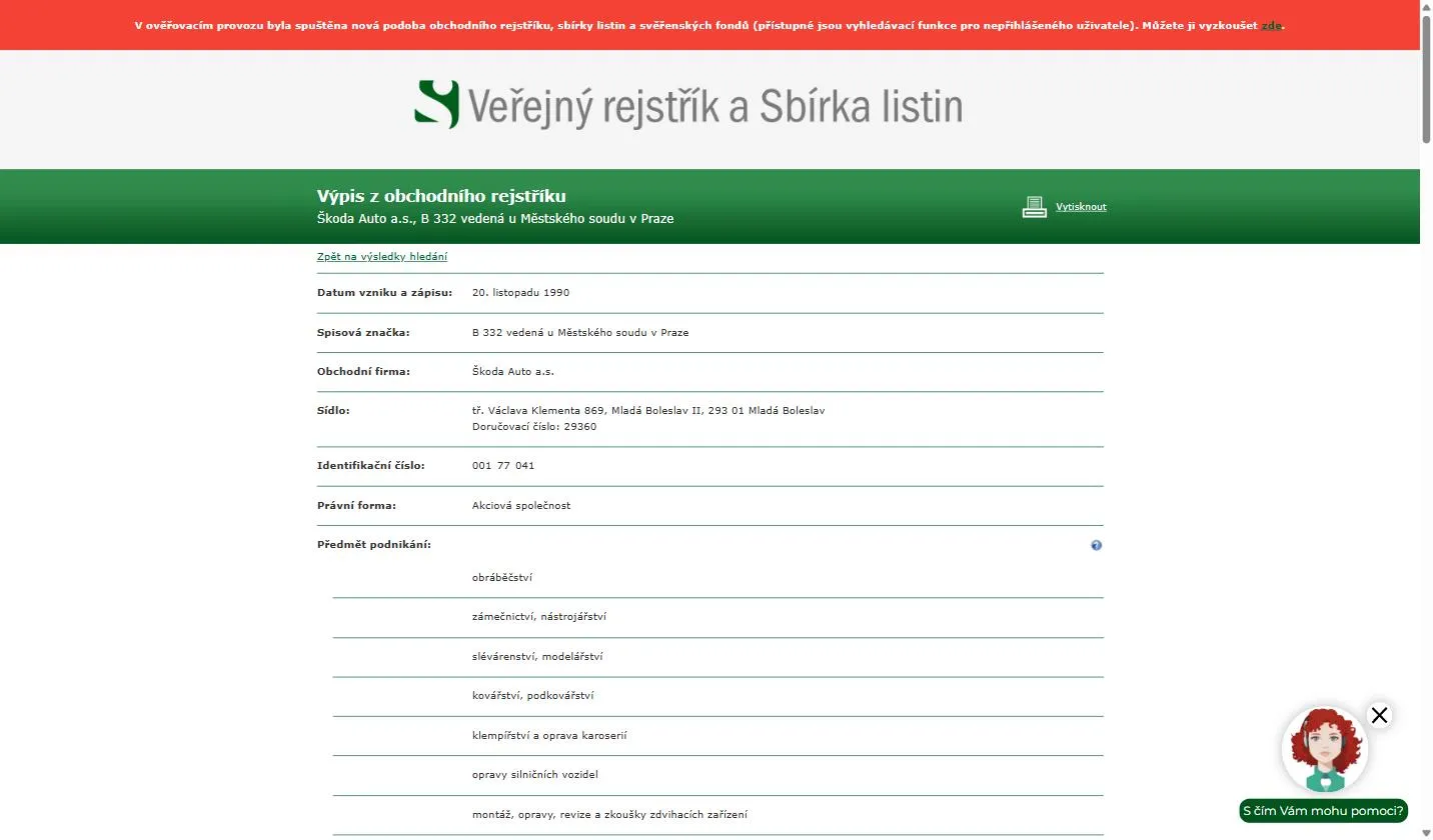 Czech public register extract (Výpis z obchodního rejstříku) for Škoda Auto a.s., IČO 001 77 041, file B 332 at the Municipal Court in Prague, registered office in Mladá Boleslav, legal form Akciová společnost