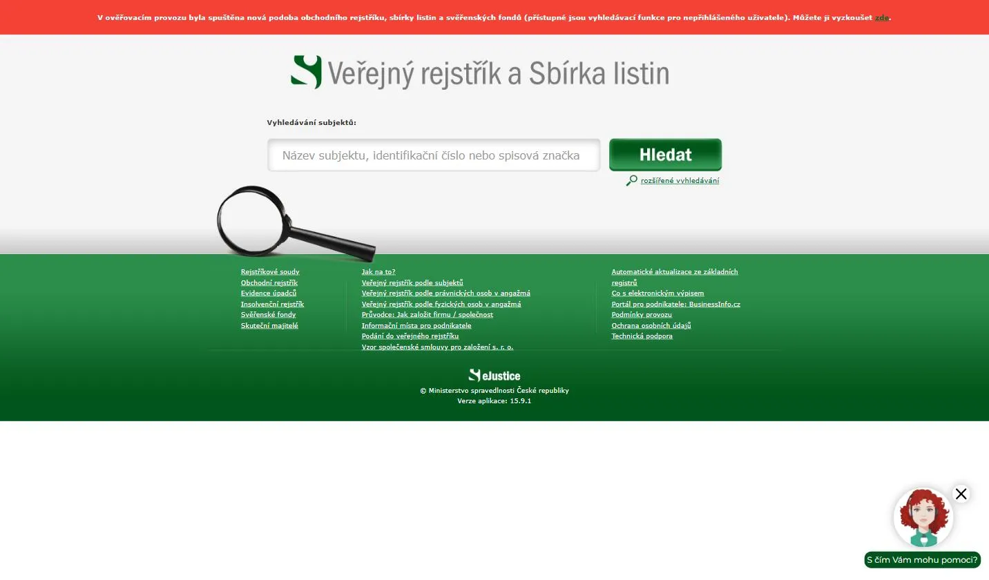 Veřejný rejstřík a Sbírka listin on or.justice.cz, the Czech public register, showing the single search field for a company name, identification number, or file number, with the advanced search link below it