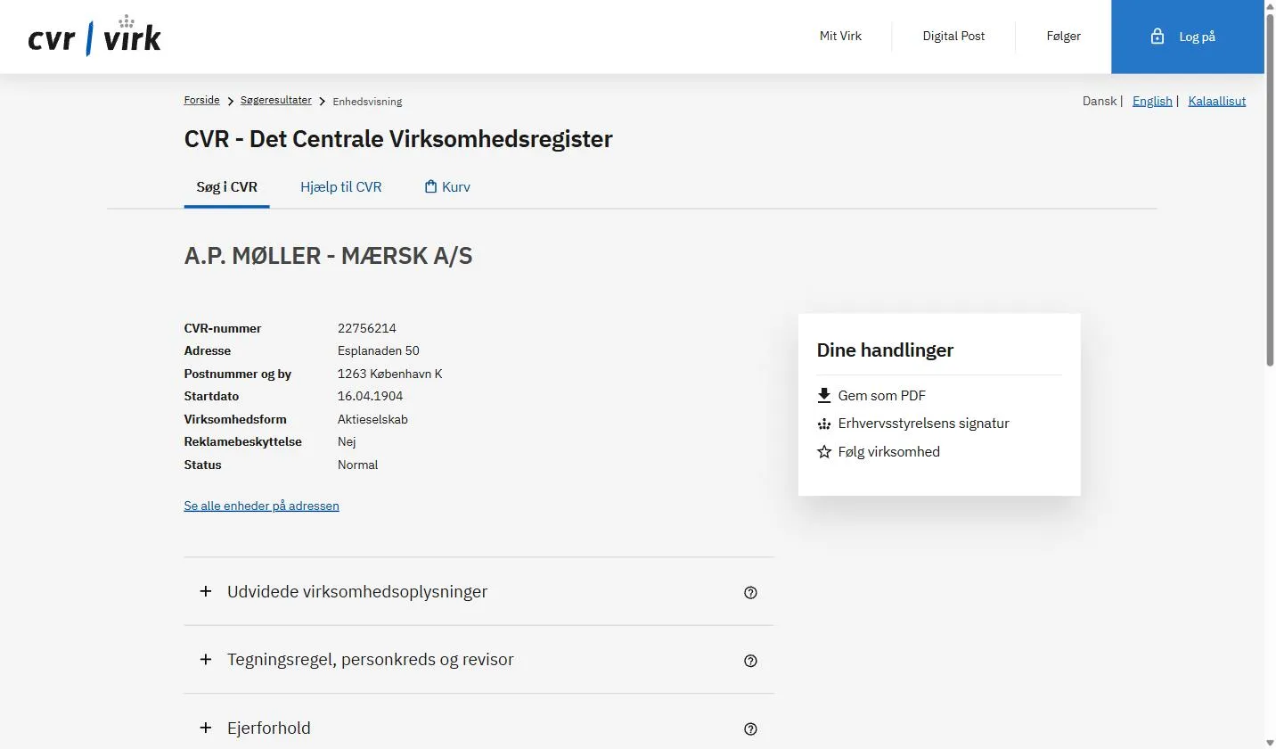 CVR company record for A.P. MØLLER - MÆRSK A/S, CVR number 22756214, Esplanaden 50, 1263 København K, start date 16.04.1904, legal form Aktieselskab, status Normal
