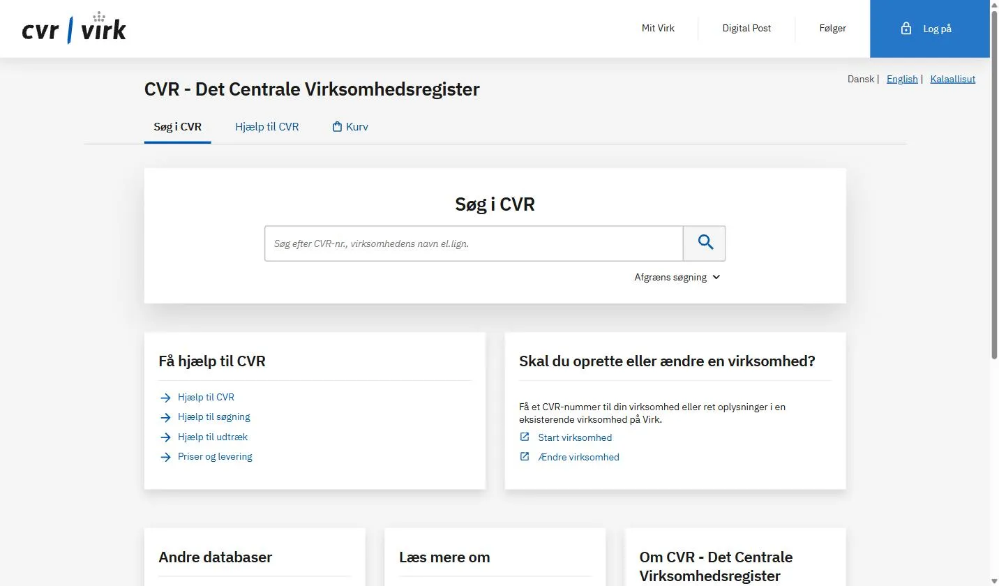CVR search page on datacvr.virk.dk, the Danish company register, showing the single Søg i CVR field for a CVR number or company name and the Dansk, English, and Kalaallisut language links
