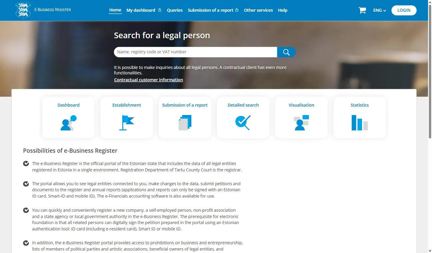 e-Business Register home page at ariregister.rik.ee, the Estonian company register, showing the Search for a legal person box for a name, registry code, or VAT number