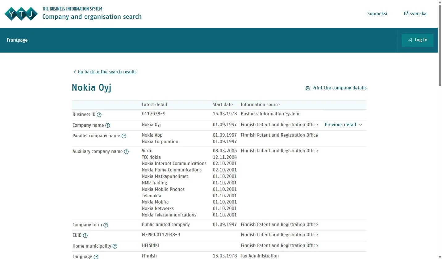 YTJ company record for Nokia Oyj, Business ID 0112038-9, showing parallel names Nokia Abp and Nokia Corporation, eleven auxiliary names, company form Public limited company, EUID FIFPRO.0112038-9, and home municipality Helsinki