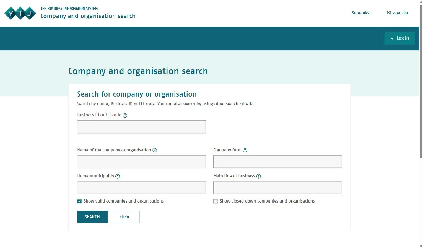 YTJ company and organisation search on tietopalvelu.ytj.fi, the Finnish Business Information System, with fields for Business ID or LEI code, company name, company form, home municipality, and main line of business