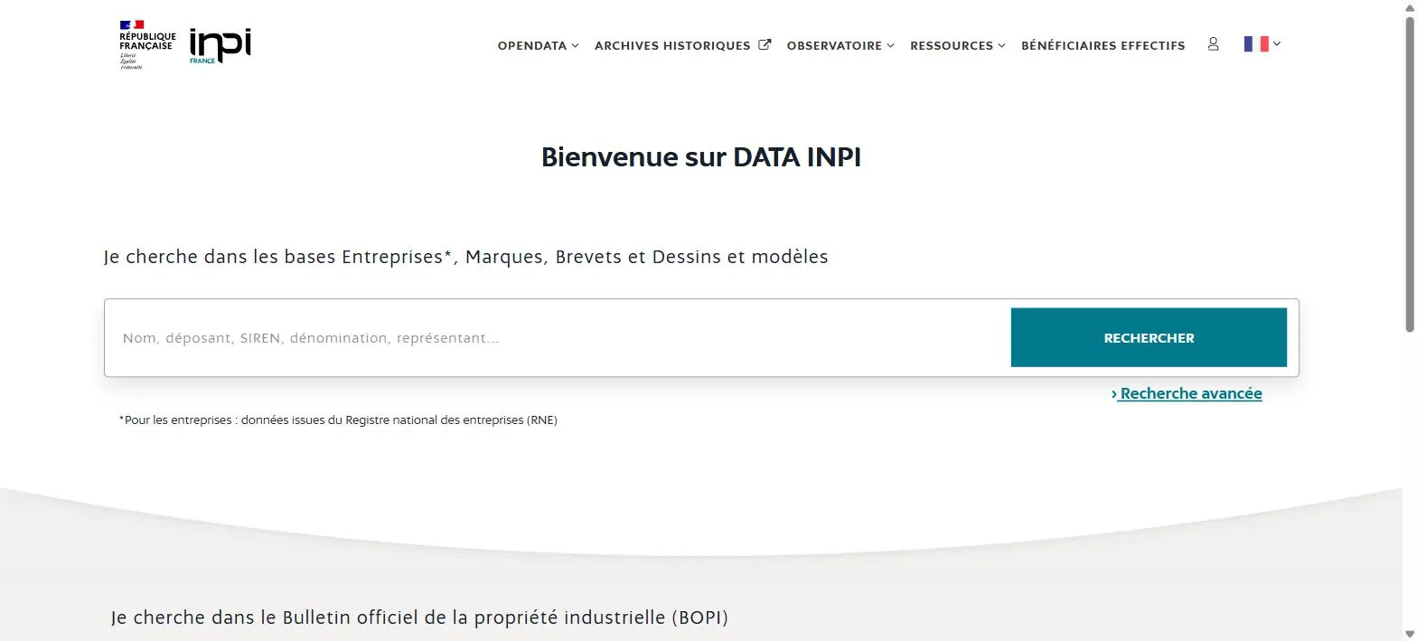 DATA INPI search page for the French Registre National des Entreprises, with one field accepting a name, SIREN, denomination or representative