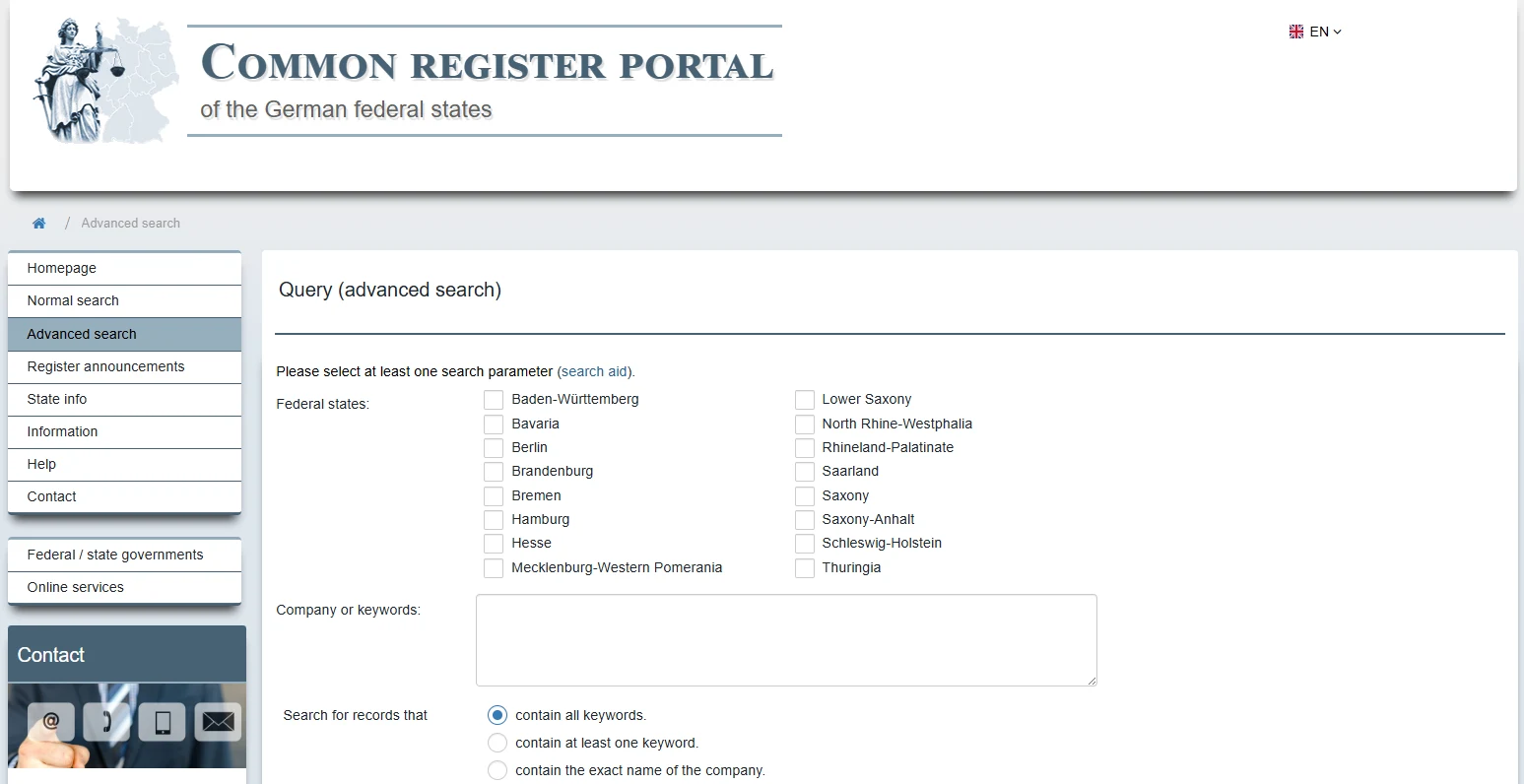 Advanced search on handelsregister.de, the German company register, with filters for federal states and company keywords