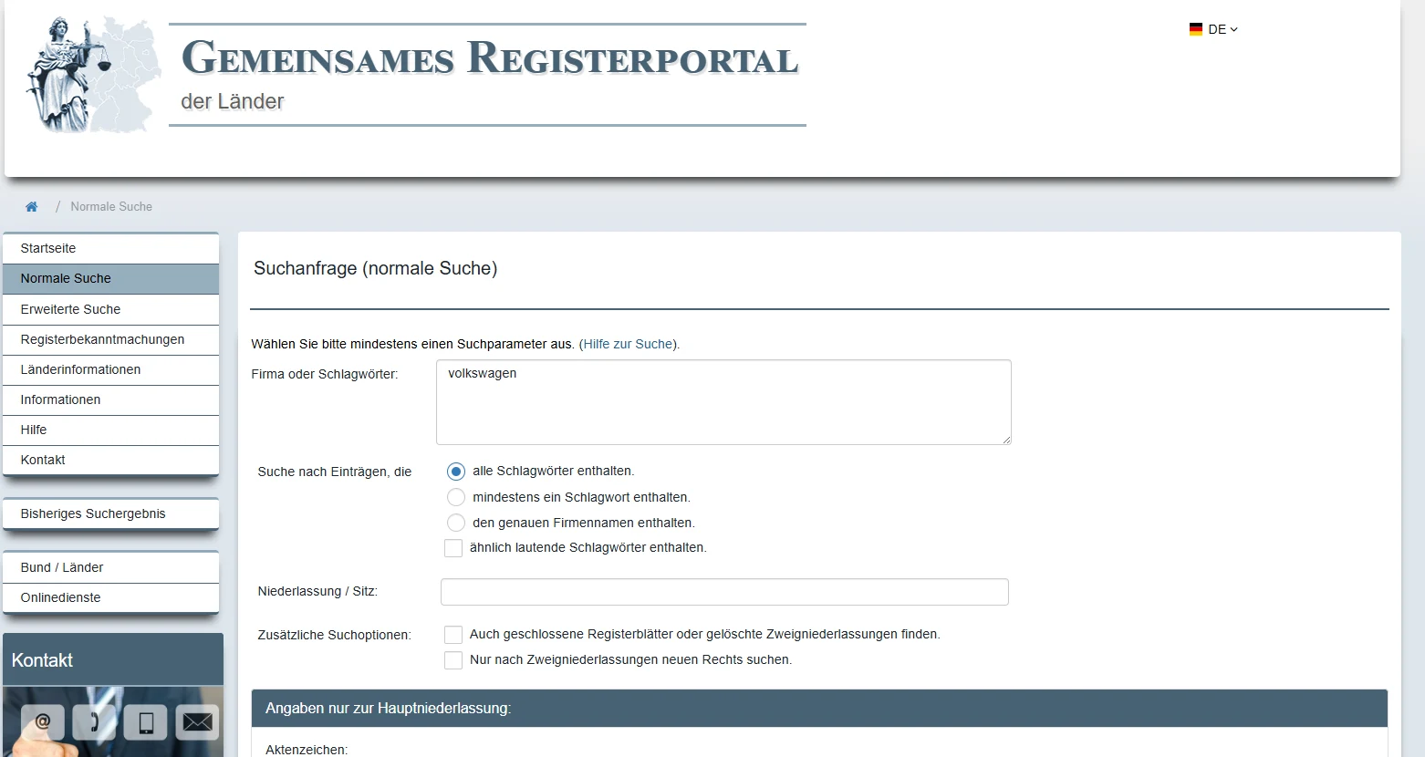 Normale Suche auf handelsregister.de mit Suchanfrage nach Firma oder Schlagwörtern