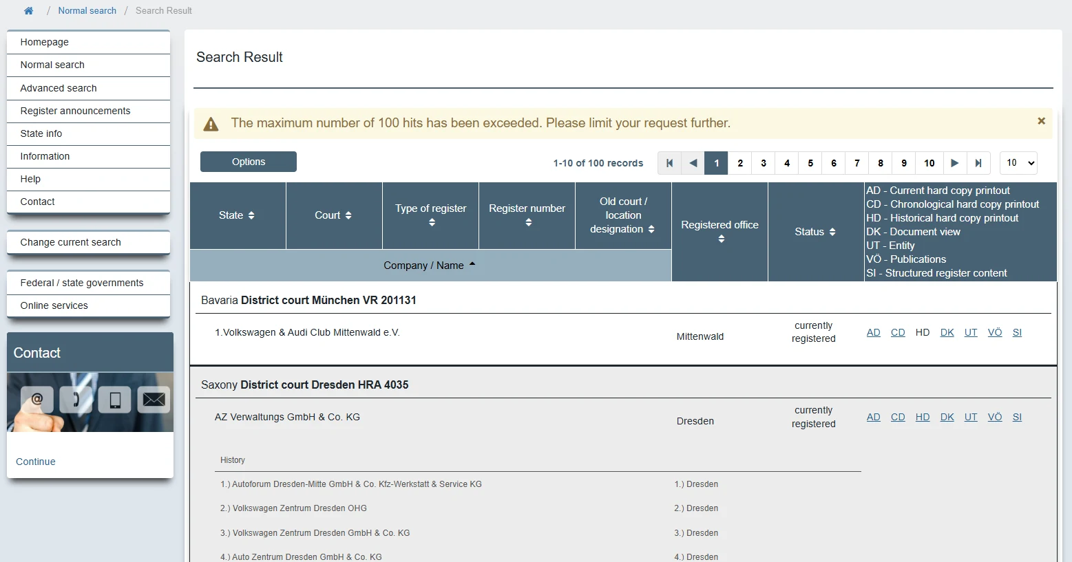 Handelsregister search results for Volkswagen showing more than 100 German company records grouped by federal state with AD, CD and DK document links