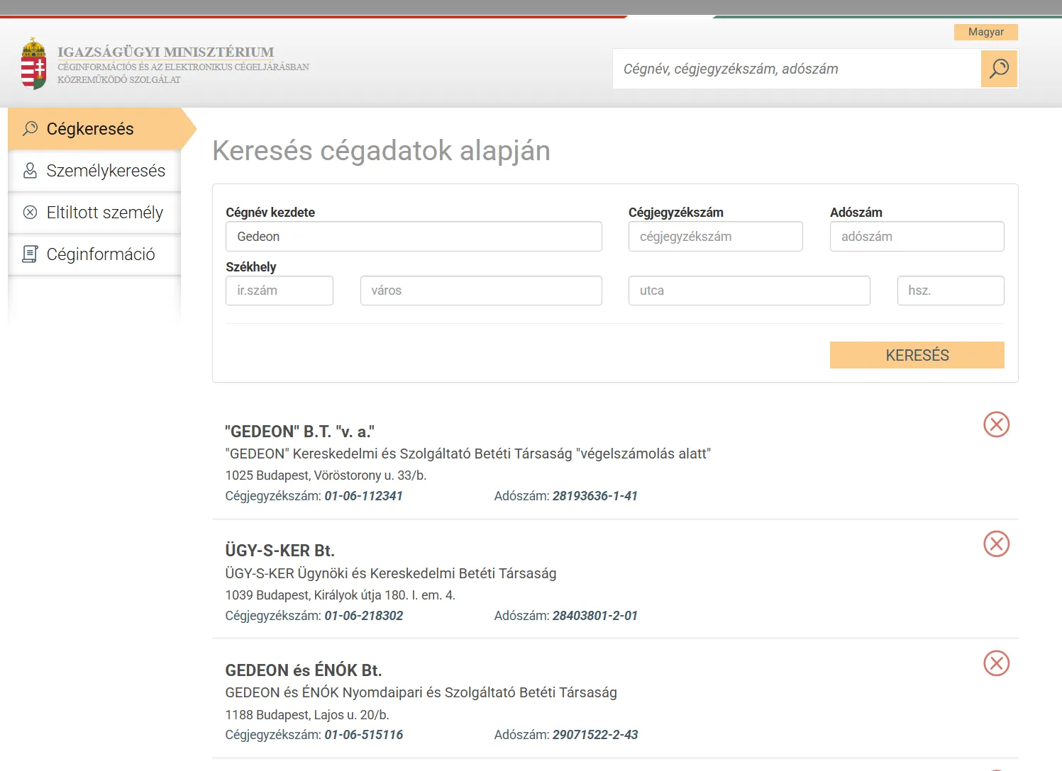 e-cégjegyzék company search on e-cegjegyzek.hu, the free Hungarian company register service of the Ministry of Justice, showing a name search for Gedeon with the first hit "GEDEON" B.T. "v. a.", registration number 01-06-112341
