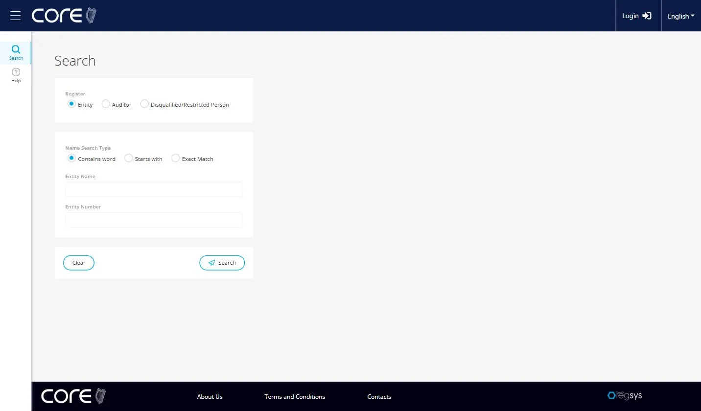 CORE search page on core.cro.ie, the Irish Companies Registration Office register, with the Entity, Auditor, and Disqualified/Restricted Person options and separate Entity Name and Entity Number fields