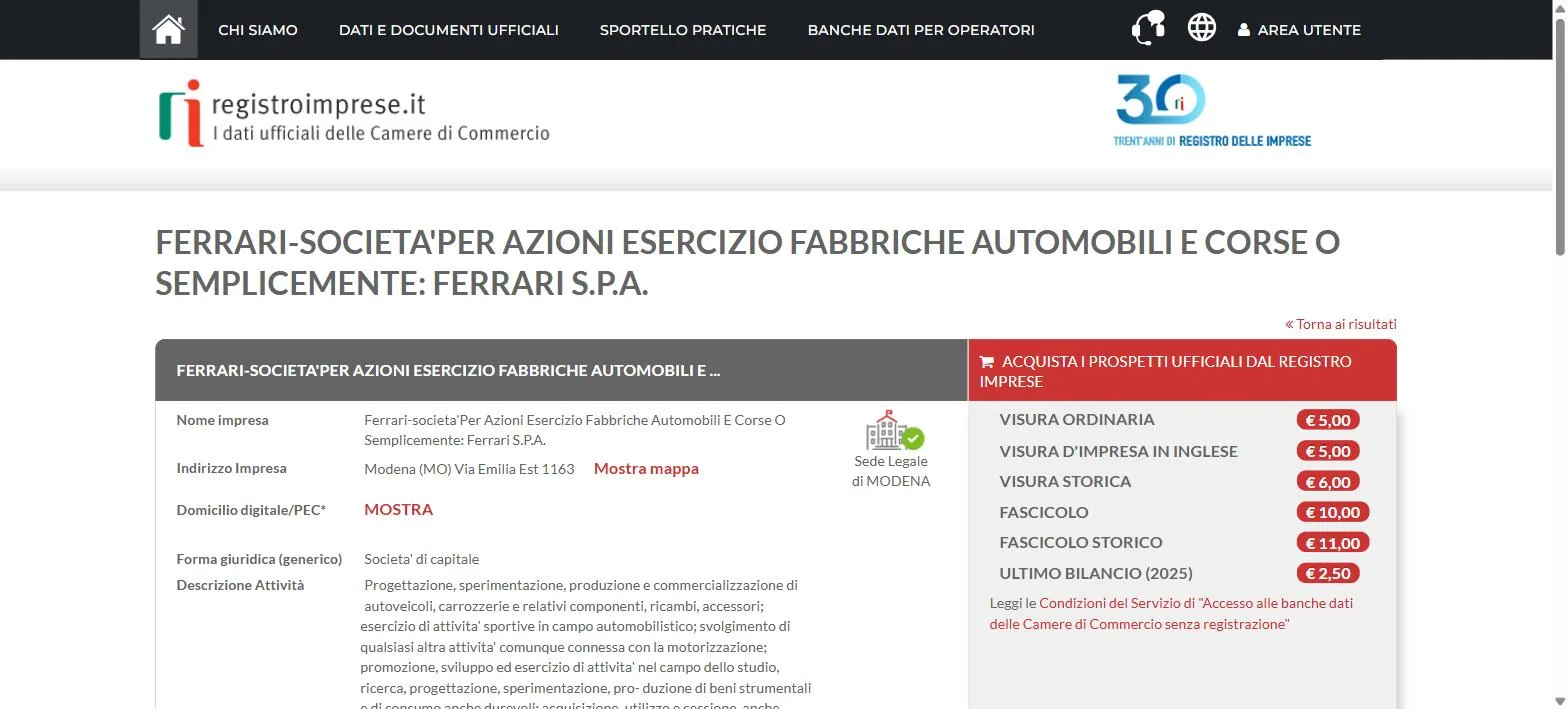 Registro Imprese company record for Ferrari S.p.A. in Modena showing free company data on the left and the price list for official documents on the right