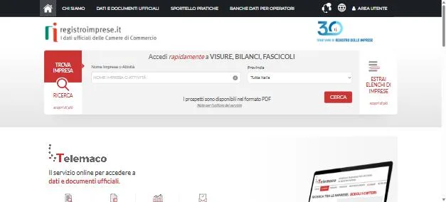 The registroimprese.it search on the Italian company register, with fields for company name or activity and a province selector set to the whole of Italy