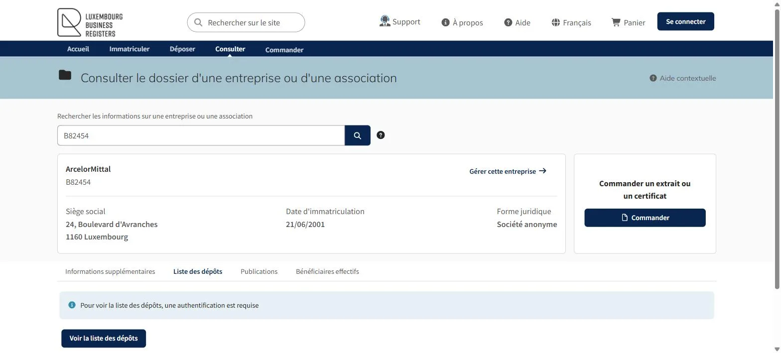 Luxembourg Business Registers record for ArcelorMittal, RCS number B82454, with tabs for filings, publications and beneficial owners and a notice that authentication is required to see the filings